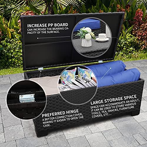Rattaner Patio PE Wicker Furniture Set 7 Pieces Outdoor Black Rattan Conversation Seat Couch Sofa Chair Set with Royal Blue Cushion and Furniture Covers