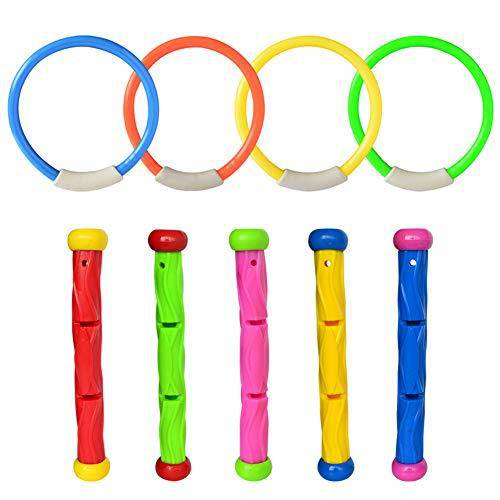 A&I AiLike Sinking Fish Diving Seaweed Rings Underwater Fun Pool Games for Kids Swimming Learning (Diving Rings + Diving Torpedos - 9 Pack)