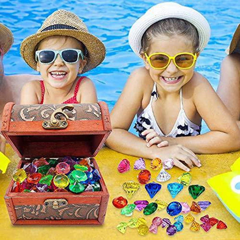 AABEY Diving Gem Pool Toys, 45pcs 2-4cm Diamonds Set with Treasure Pirate Box and 2 Stickers, Sinking Treasures Chest Swimming Pool Dive Toys, Underwater Pool Diving Toys Gift for Kids Boys Girls