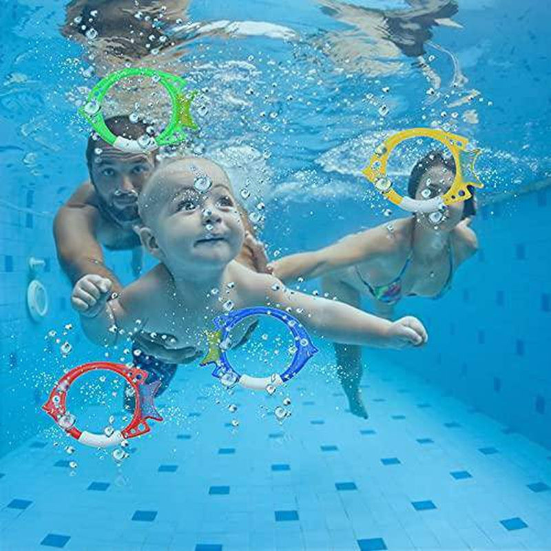 Anu Linen Underwater Diving Toy 4 PCs Large Diving Fish Rings Toy Pool Diving Colorful Training Toy Underwater Fun Toy Dog Pool Toys Pool Toys for Toddlers Kids 3-10 8-12