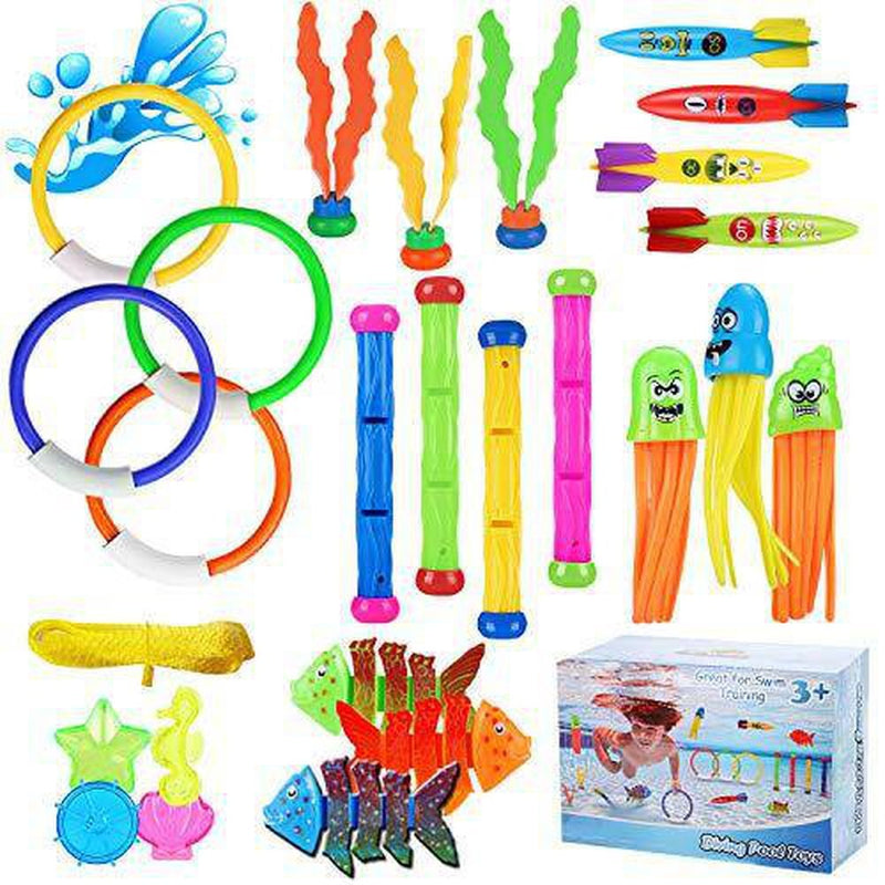 Auney 26 Piece Diving Toy Set Underwater Swimming Diving Rings, Diving Sticks, Stringy Octopus, Toypedo Bandits and Diving Fish with Portable Storage Bag Summer Sinking Dive Pool Toy for Kids