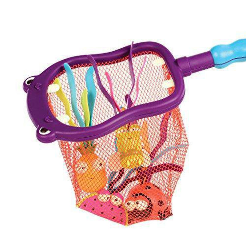 B. toys by Battat B. toys – Hippo Scoop-A-Diving Pool Toys - 1 Hippo Net & 4 Water Toys for Kids 3+ (5Piece), purple