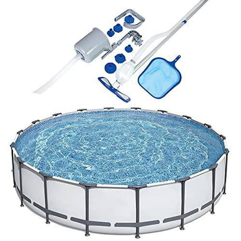 Bestway 18 x 4 Foot Round Steel Frame Above Ground Backyard Swimming Pool with Ground Cloth and Cleaning Kit Maintenance Tool Skimmer and Vacuum