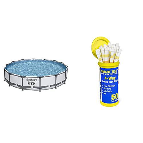 Bestway 56597E Pro MAX Above Ground, 14ft x 33in | Steel Frame Round Pool Set, 14' x 33" & Poolmaster 22211 Smart 4-Way Swimming Pool and Spa Water Chemistry Test Strips, 1 Pack, White and Yellow