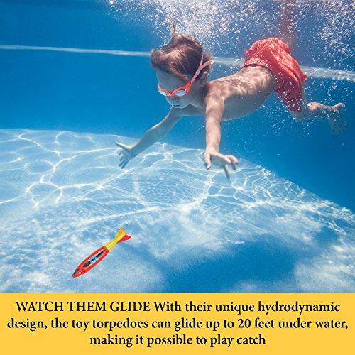 BETTERLINE Swimfun Water Torpedo Toy Glides Underwater Kids Improve Swimming-4 Colorful Dive Pack-5 Inches Long (13 cm)