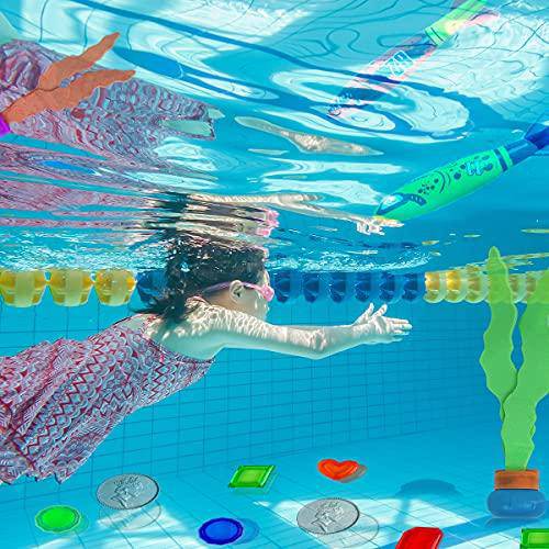 BLUELF Diving Toys, 22pcs Underwater Swimming Pool Toys Water Game for Kids Including 8 Water Torpedo Bandits, 11 Private Treasures Gift Set, 3 Seaweeds