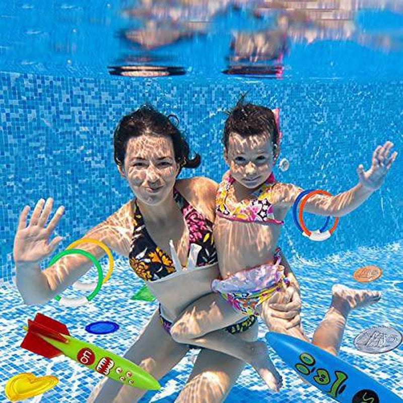 BOMPOW Diving Kids Pool Toys, 27 Pcs Underwater Swimming Pool Toys with Pool Torpedo, Diving Rings, Diving Gems, Diving Sticks, Toy Coins, Pool Toys for Kids in Pool&Summer Party