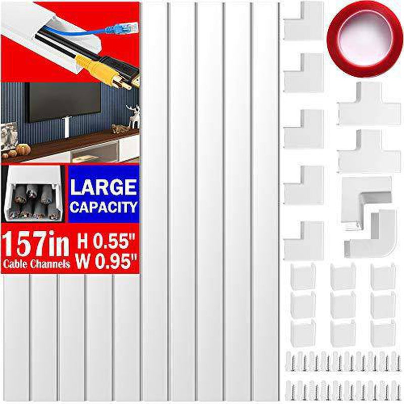 Cable Concealer on Wall Raceway -157 inches Paintable Cord Cover for Wall Mounted TVs - Cable Management Cord Hider Including Connectors & Adhesive Strips Connected to Cable Raceway