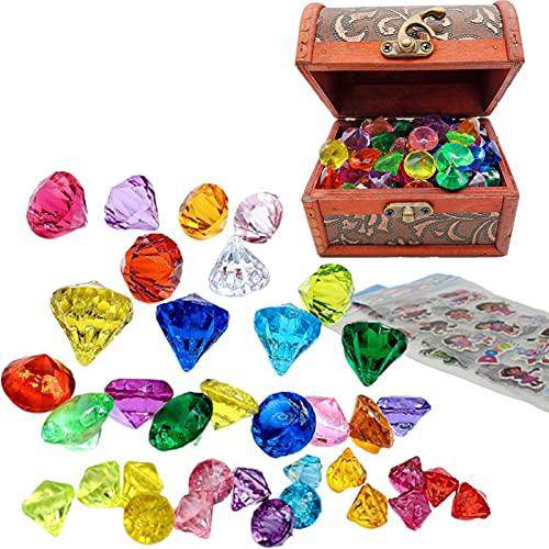 DETTELIN Dive Gem Pool Toys, 45pcs Underwater Treasure Hunting Game Colorful Treasure Gem Chest Pirate Diving Swimming Toys with Vintage Pirate Box