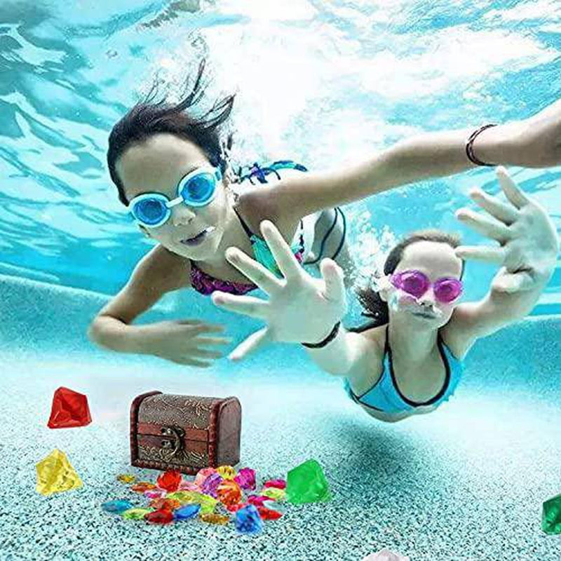 Dive Gem Pool Toys 164 Pieces Colorful Diamond Set with Treasure Pirate Box, Summer Swimming Gem Diving Toys Dive Throw Toy Set, Children Pirate Gems Toys for Seeking Treasure Chest Party Favor