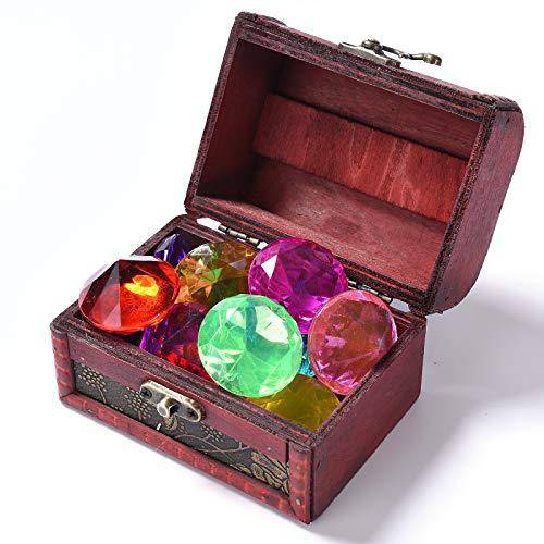 Diving Gem Pool Toy Colorful 8 Big Diamond Set with Big Treasure Pirate Box Summer Swimming Gem Diving Toys Set Dive Throw Toy Set Underwater Swimming Toy for Pool Use Treasures Gift Sets