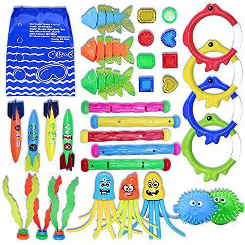 Diving Toys 32 Pack Swimming Pool Toys for Kids, 5 Diving Sticks, 4 Toypedo Bandits, 4 Diving Rings, 8 Pirate Treasures, 3 Fish Toys, 3 Stringy Octopus, 3 Seaweeds, 2 Ballonfish with Storage Bag