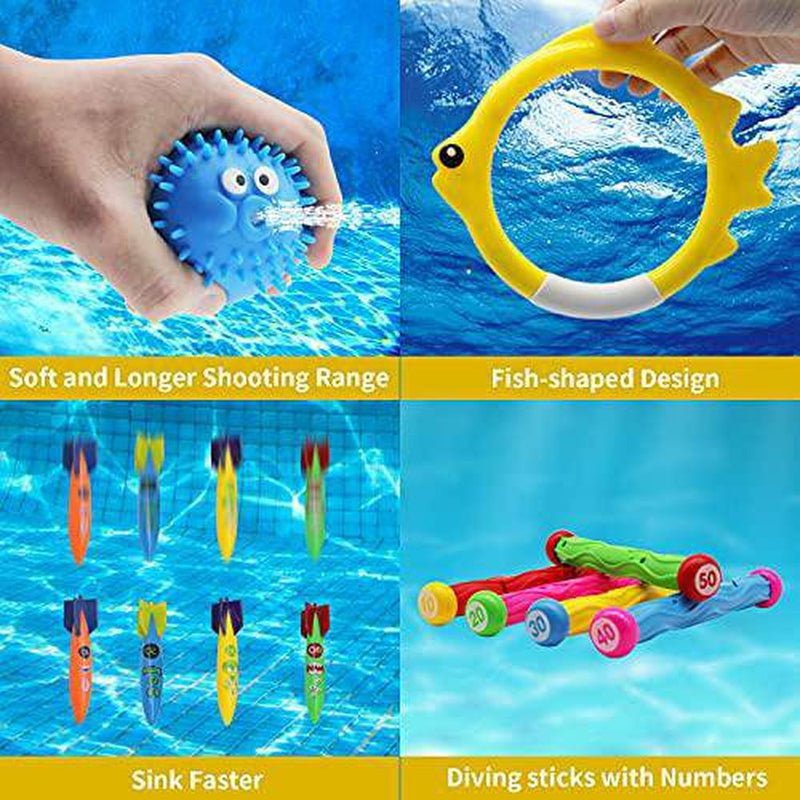 Diving Toys 32 Pack Swimming Pool Toys for Kids, 5 Diving Sticks, 4 Toypedo Bandits, 4 Diving Rings, 8 Pirate Treasures, 3 Fish Toys, 3 Stringy Octopus, 3 Seaweeds, 2 Ballonfish with Storage Bag