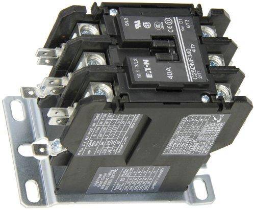 Eaton C25DNF340T Definite Purpose Contactor, 50mm, 3 Poles, Box Lugs, Quick Connect Side By Side Terminals, 40A Current Rating, 3 Max HP Single Phase at 115V, 10 Max HP Three Phase at 230V, 20 Max HP Three Phase at 480V, 24VAC Coil Voltage