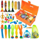 FINGUARD 58Pcs Diving Toys, Dive Toys, Dive Pool Toys, Diving Toys for Pool for Kids with Pool Treasure Chest, Pool Torpedoes, Diamonds, Dive Gems, Seaweeds, Pirate Treasures,Octopus,Kids Gift(Orange)
