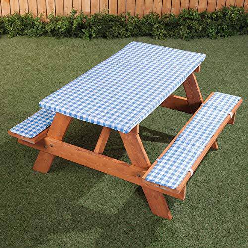 Fox Valley Traders Deluxe Picnic Table Cover with Cushions, 3-Piece Set, Cornflower Blue Gingham