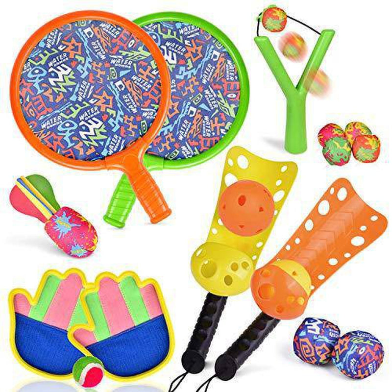 FUN LITTLE TOYS Sports Outdoor Games Set with Scoop Ball Toss, Toss and Catch Games, Tennis Racket Sports Toy, Slingshot Rocket Copters Water Toys for Kids, 17 Pieces