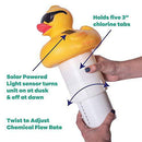 GAME Solar Light-Up Derby Duck Pool Chlorinator; 3”-Tablet Chlorine Dispenser; LED Lights; Light Sensor; Expandable Basket; Adjustable Flow Rate; Duck, Tiki, Globe, Pineapple, and Volcano