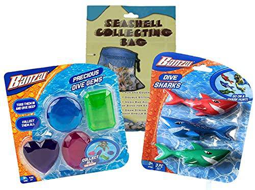 Gigi Jen's Gifts Banzai Dive Sharks and Banzai Precious Dive Gems Bundle Set of Swimming Pool Toys with Mesh Carry Bag