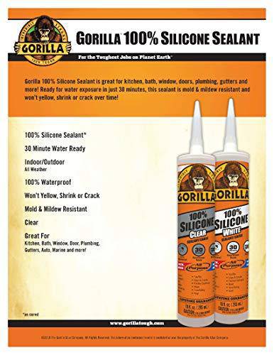 Gorilla Clear 100 Percent Silicone Sealant Caulk, Waterproof and Mold & Mildew Resistant, 10 Ounce Cartridge, Clear, (Pack of 1)
