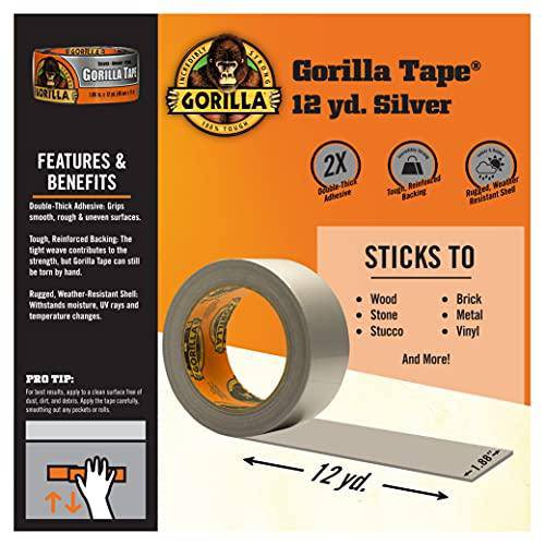 Gorilla Silver Duct Tape, 1.88" x 12 yd, Silver, (Pack of 1)