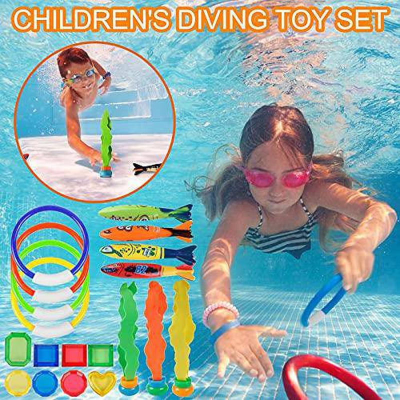 HOMEAIYOU Diving Toys 29 Pcs Pool Toys for Kids 6-12 Diving Kit Includes 4 Diving Rings, 4 Torpedo Bandits, 3 Aquatic Plants,and 8 Pirate Treasures, Diving Pool Toy Gift for Kids (Colorful)