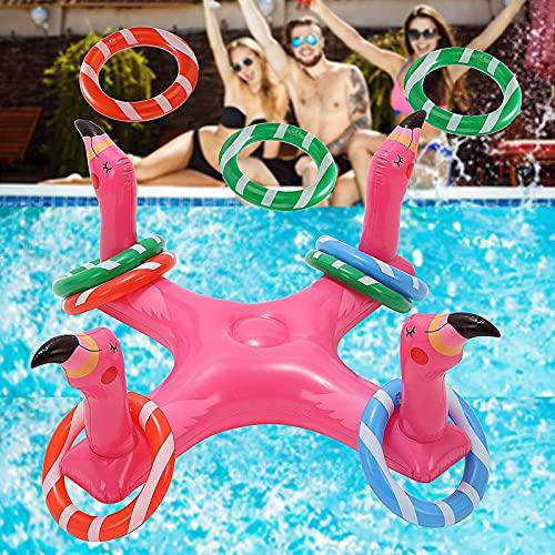 Inflatable Cross Ring Toss Water Flatting Pool Game Toys, Flamingo Floating Water Toys with 6 Inflatable Ring for Multiplayer Summer Beach Pool Family Indoor Outdoor Game