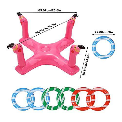 Inflatable Cross Ring Toss Water Flatting Pool Game Toys, Flamingo Floating Water Toys with 6 Inflatable Ring for Multiplayer Summer Beach Pool Family Indoor Outdoor Game