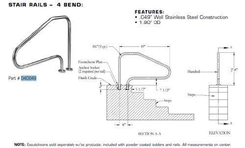 Inter-Fab D4D049 Deck to Deck Mounted 4 Bend Stainless Steel 304 Stair Rail