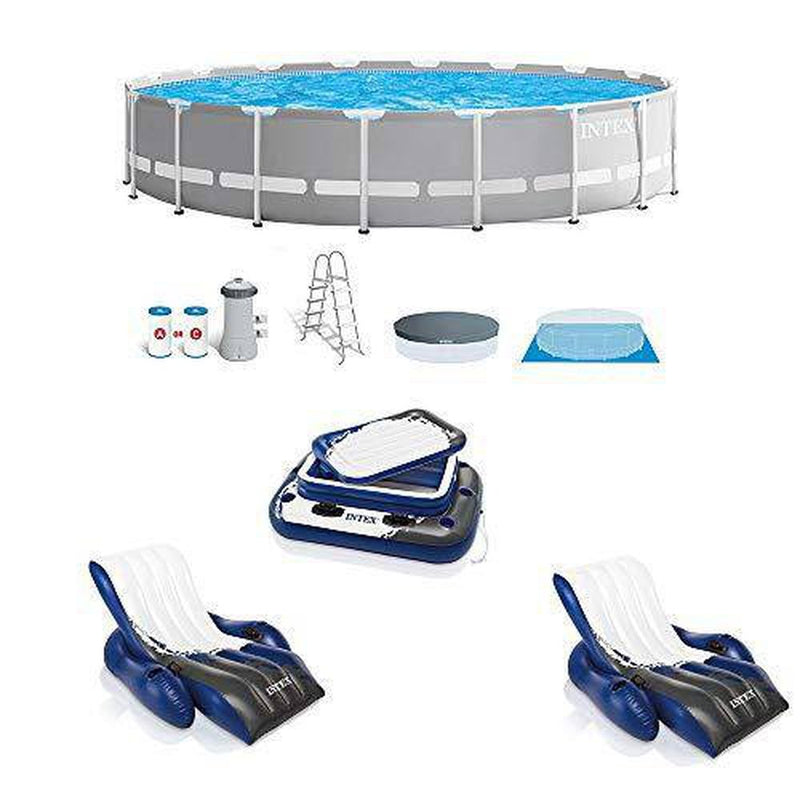 Intex 18ft x 42in Prism Above Ground Pool, Inflatable Loungers (2 Pack) & Cooler