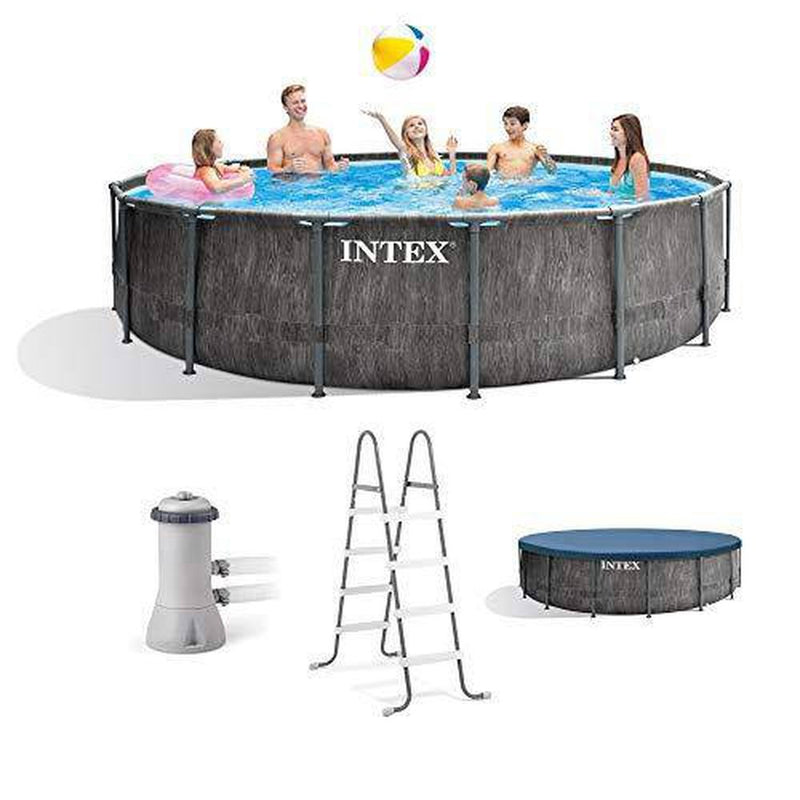 Intex 26741EH 15ft x 48in Greywood Premium Prism Steel Frame Outdoor Above Ground Swimming Pool Set with Cover, Ladder, & Pump