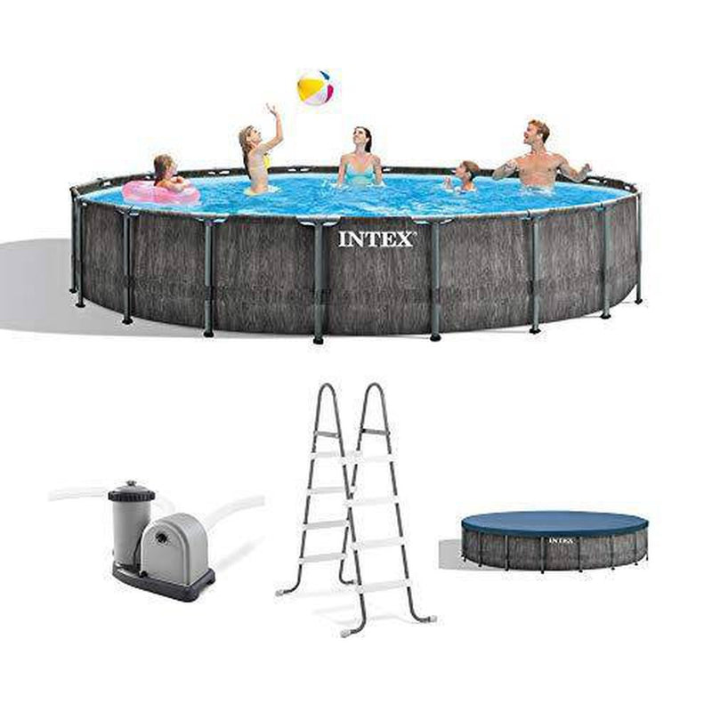 Intex 26743EH Greywood Premium Prism 18ft x 48in Steel Frame Outdoor Above Ground Round Swimming Pool Set with Cover, Ladder, and 1500 GPH Filter Pump