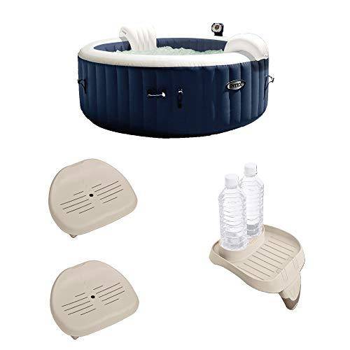 Intex 28405E PureSpa 4 Person Home Outdoor Inflatable Portable Heated Round Hot Tub Spa 58-inch x 28-inch with 120 Bubble Jets, Non-Slip Seat (2 Pack) and Drink Cup Holder Tray, Blue