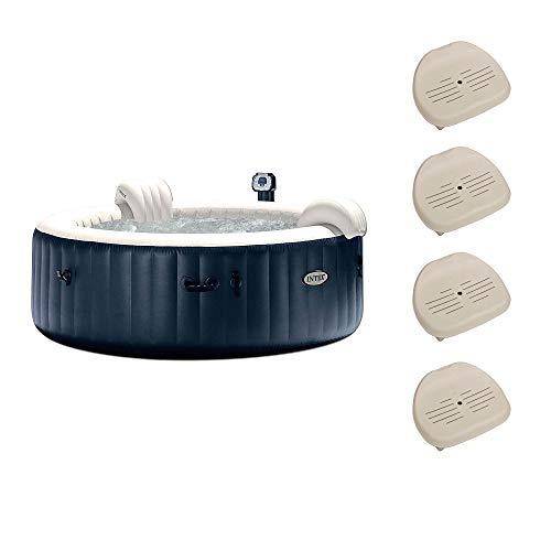 Intex 28409E PureSpa 6 Person Home Outdoor Inflatable Portable Heated Round Hot Tub Spa 85-inch x 28-inch with 170 Bubble Jets, Built in Heat Pump, and Non-Slip Seats (4 Pack)