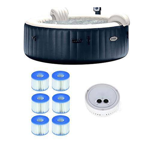 Intex 28409E PureSpa Portable Bubble Jets Spa 6 Person Inflatable Round Hot Tub Bundled with Battery Powered Multi-Colored LED Light and a 3 Pack of Type S1 Easy Set Spa Filter Replacement Cartridges