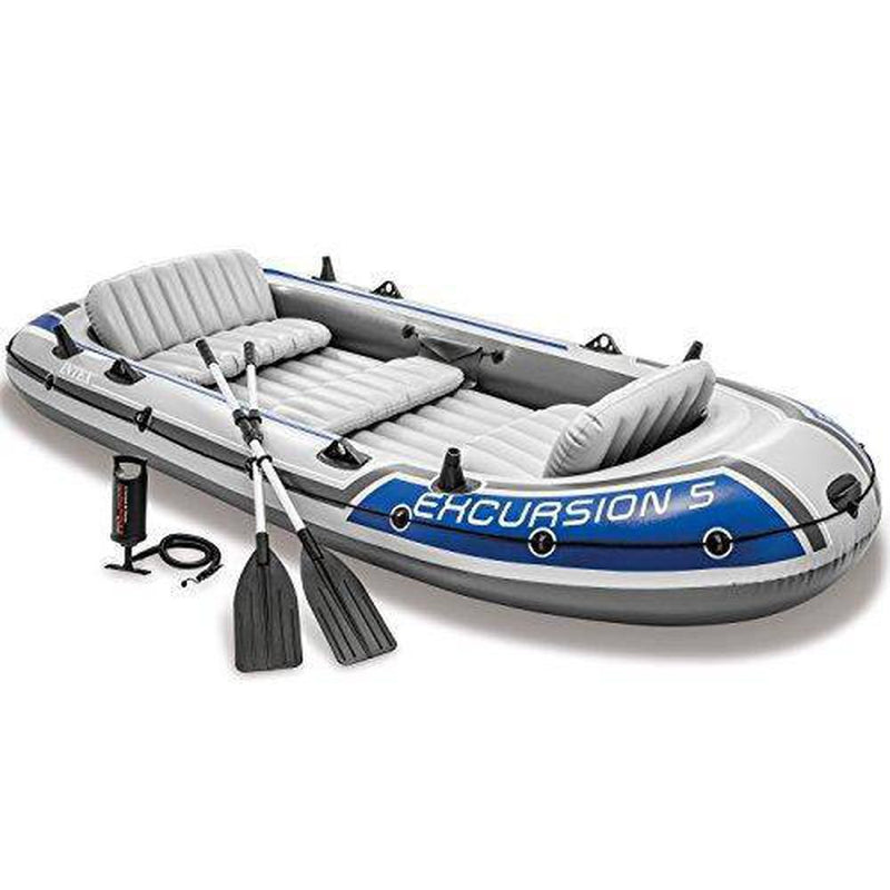 Intex 68325EP Excursion Inflatable 5 Person Heavy Duty Fishing Boat Raft Set with 2 Aluminum Oars & High Output Air Pump for Lakes & Mild Rivers, Gray