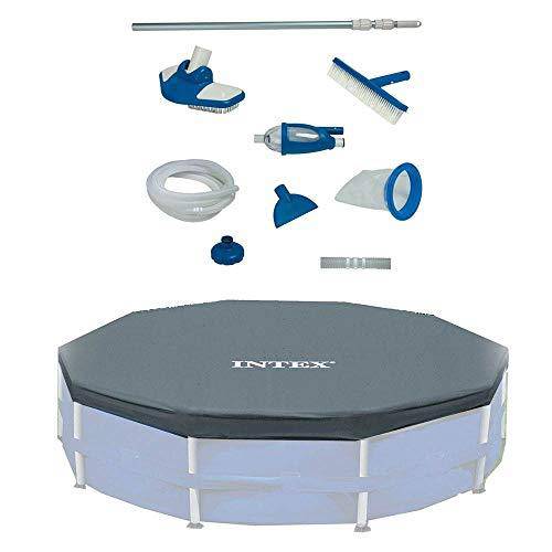 Intex Deluxe Maintenance Cleaning Kit & 12-Foot Round Frame Easy Set Pool Cover