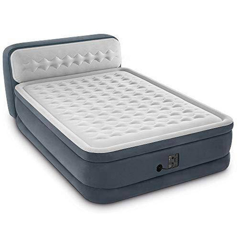 Intex Dura-Beam Ultra Plush Inflatable Pillow Top Bed Air Mattress with Headboard, Built-in Internal Electric Pump and Carry Storage Bag, Queen, Gray