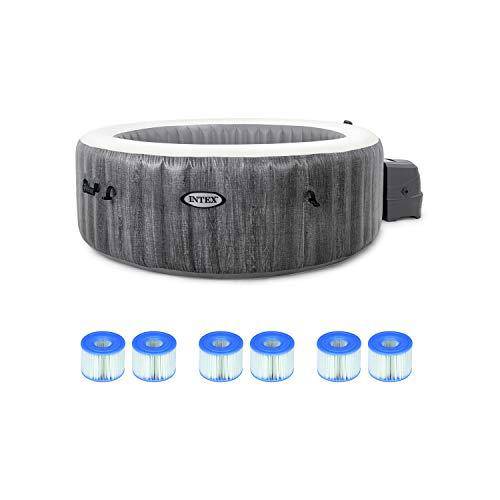 Intex PureSpa Greywood Deluxe 85in x 25in Outdoor Portable Inflatable 6 Person Round Hot Tub Spa with 170 Bubble Jets, Hardwater Treatment, Filter, and 6 Type S1 Pool Filter Cartridges