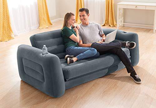 Intex Queen Size Inflatable Pull-Out Sofa Bed Sleep Away Futon Couch with 2 Cupholders (Pump Not Included), Dark Gray (2 Pack)