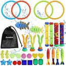 Jesdoo 33 PCS Diving Pool Toys,Jumbo Set with Storage Bag,Fun Swimming Pool Training Toy 4 Rings,2 Diving Sticks,2 Diving Soft Stick,2 Fish Bone,4 Toypedo Bandits,3 Seaweed,16 Pirate Treasures