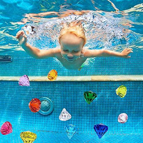 JIAM Diving Gem Pool Toy 45PCS Artificial Diamond Set with Treasure Pirate Box, Vintage Wooden Decorative Box for Jewelry Swimming Gem Pirate Diving Toys Underwater for Pool Use