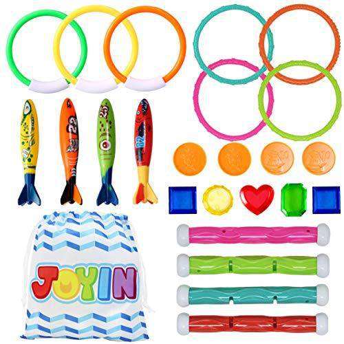 JOYIN 24 Pcs Diving Pool Toys Set with Bonus Storage Bag Includes 7 Diving Rings, 4 Diving Sticks, 4 Toypedo Bandits and 9 Pirate Treasures, Underwater Sinking Swimming Pool Toy for Kids