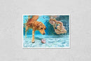 KwikMedia Poster Reproduction of Little Child Play with Fun and Train Golden Labrador Retriever Puppy in Swimming Pool - Jump and Dive Underwater to Retrieve Shell. Active Games with Family Pets and