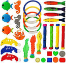 LITUDISO Summer Fun Underwater Swimming Diving Pool Toy Set, Games Training Gift for Childs, 4 Diving Rings(5”), 4 Diving Sticks(7”), 3 Diving Fish(3”), and A Set of 6 Gems, etc.
