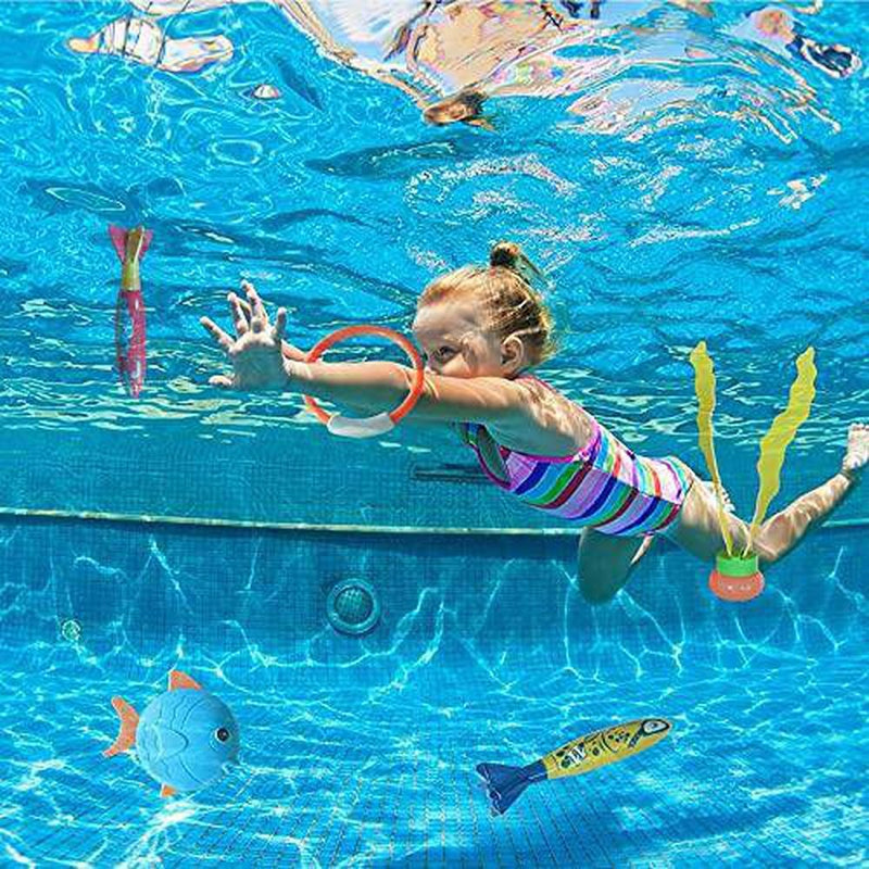 MR.FUNNY 22 Pcs Pool Diving Toy Set, Underwater Diving Swimming Pool Toys, Various Water Diving Rings, Dive Sticks with Storage Bag for Kids