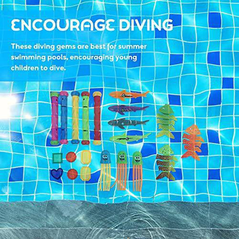 NUOBESTY 21pcs Diving Toy Set Includes Diving Gemstones Sticks Rings Diving Octopus Fish Toys Underwater Sinking Swimming Pool Toy for Kids Toddlers