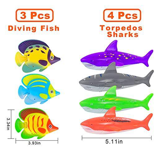 ONG NAMO Pool Toys, 21 Packs Diving Toys with 8 Pirate Treasures Gems 4 Dive Torpedos Sharks 3 Diving Seaweeds 3 Diving Octopus 3 Diving Fish Pool Toys for Teens & Adults