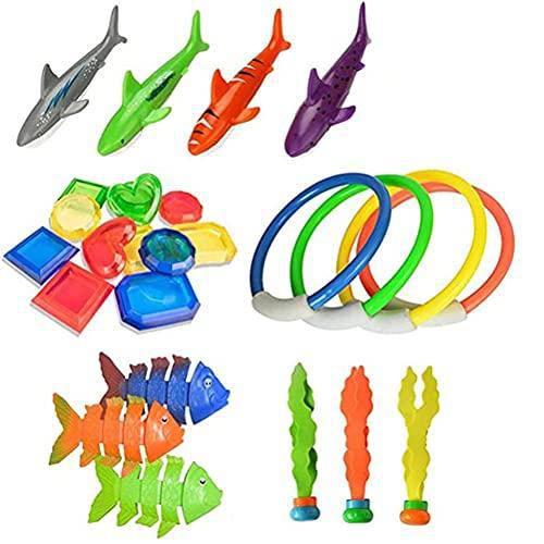 OTentW Diving Toys, 26pcs Pool Diving Toy Jumbo Set, Underwater Swimming Toys Including Diving Ring Diving Shark Fish Bone Seaweed Gem Water Gift Set for Kids