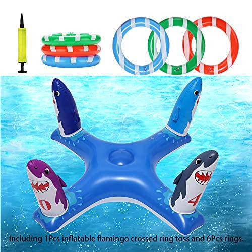 Pool Ring Toss Games, Inflatable Shark Flamingo Pool Toys with 6Pcs Rings for Kids and Adults, Multiplayer Summer Swimming Pool & Beach Party Funny Games for Friends and Family